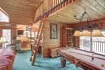 Black Bear Lodge with sleeping loft and pool table. 